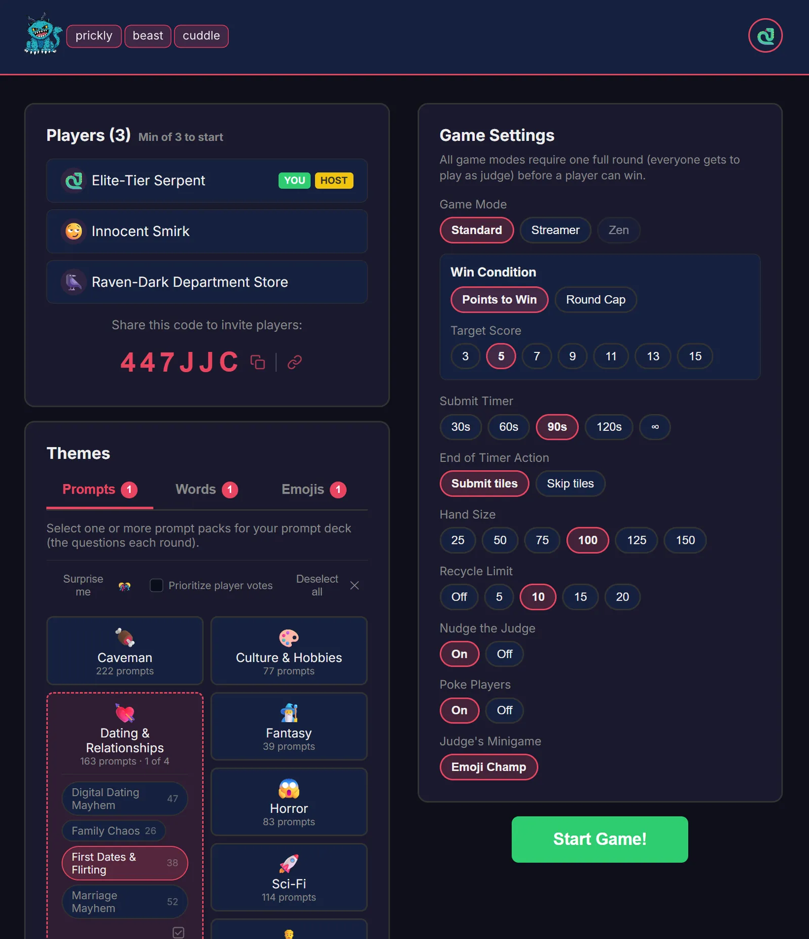 Prickly Beast Cuddle game lobby and themed word-game interface.